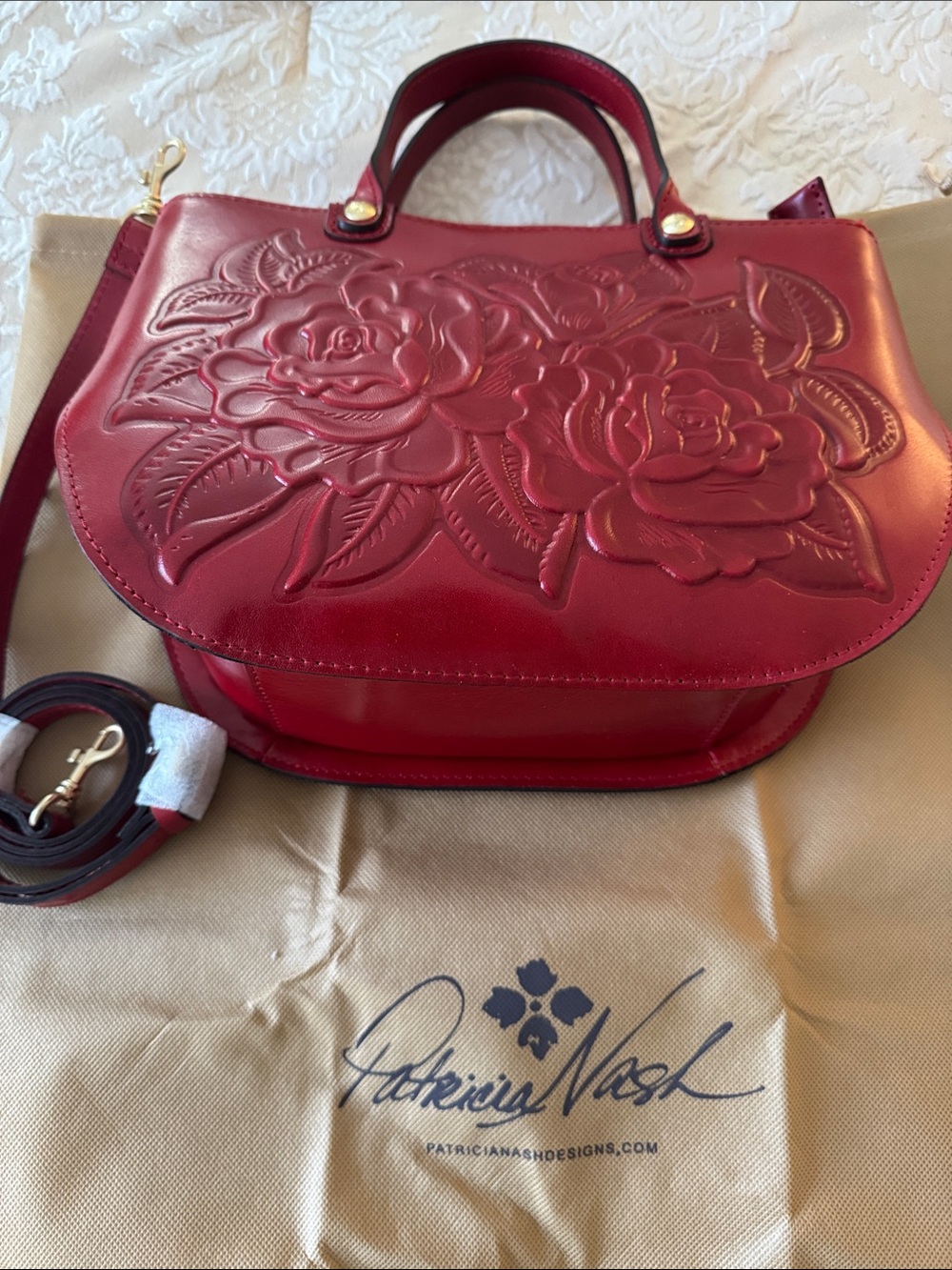 Patricia Nash Red Floral Embossed Leather Shoulder Bag with Gold-Tone Accents